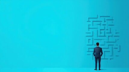 Professional man in business suit standing in front of large maze puzzle on vibrant blue wall with perspective view and minimalistic background for corporate strategy