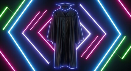 A graduation gown hangs against a backdrop of vibrant neon lights, creating a dynamic and striking visual.