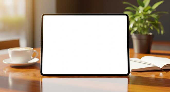 Sleek blank tablet screen on a cozy wooden cafe table, with a warm coffee cup, open notebook, and green plant. Perfect digital space for modern content display