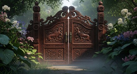 Ornate wooden gates, intricately carved, stand guard over a lush garden pathway, bathed in morning light.