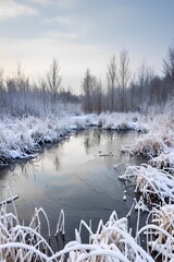 Frozen marsh with snowy reeds and bare trees under soft winter sky