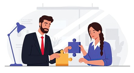 Two business professionals collaborating to connect puzzle pieces, symbolizing teamwork and problem-solving in an office setting.