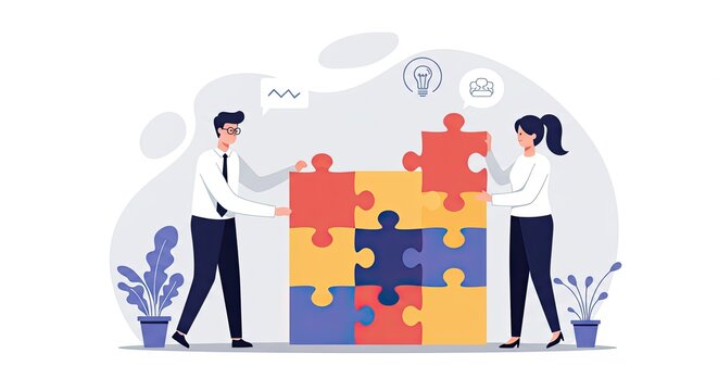 Two people assembling a colorful puzzle, symbolizing teamwork and collaboration in business.