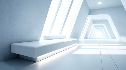 Obraz premium Futuristic white corridor with skylight beams and curved design 