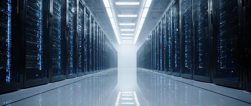 A futuristic data center aisle, rows of sleek server racks with glowing blue LED lights, pristine reflective floor, cool color temperature, clean and organized, high-tech infrastructure