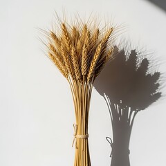 A tightly bound sheaf of golden wheat stalks casts a dramatic shadow on a bright white backdrop.