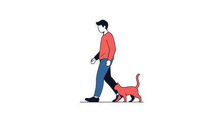 A simple illustration depicting a man walking alongside a playful cat, rendered in a minimalist style with clean lines and a restricted color palette