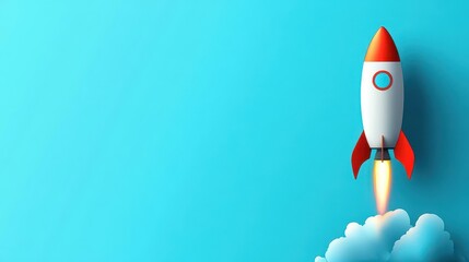 Bright orange and white toy rocket ship with red fins and flame exhaust launching upward into clear blue sky with fluffy white clouds for space travel imaginative play