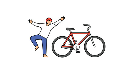 Obraz premium Joyful cyclist with open arms alongside his bicycle, celebrating a successful ride and feeling energized on a white background