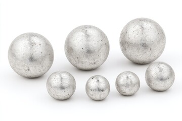 Assorted metallic spheres of varying sizes, light gray with texture