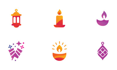 Minimal Festive Icons Set – Lantern, Candle, Diya, Confetti, Flame, Ornament – Gradient Celebration Symbols