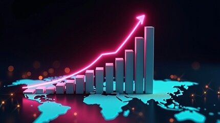A growing bar chart with an upward arrow over a world map.