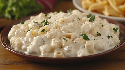 Creamy pasta dish on a plate, topped with grated cheese and parsley.  A portion of French fries and salad are visible in the background