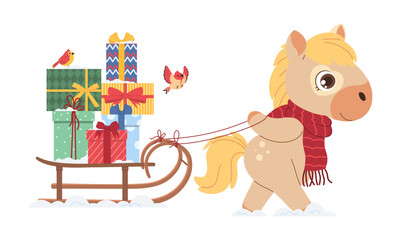 Cute pony in red scarf pulling sleigh with Christmas gifts. Festive holiday vector illustration for winter design, greeting cards, and children’s decor.