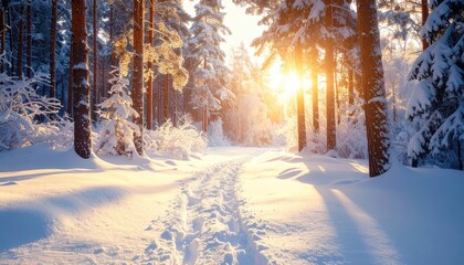 Snowy Forest Path With Warm Sunlight Shining Through the Trees Winter Landscape Scene With Snow Covered Ground and Trees Dramatic Lighting