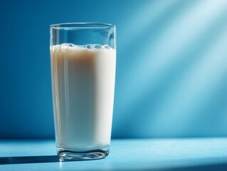 A full glass of fresh milk sits on a blue surface, the scene bathed in soft light 