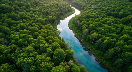 Aerial View of Forest Canopy with River Flowing