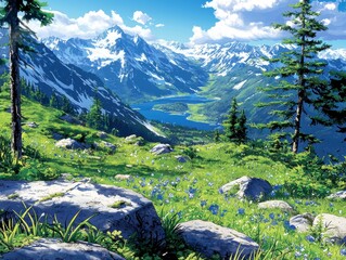 Alpine Meadow with Mountain Lake View.