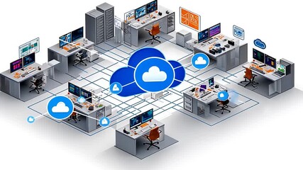 Modern office workspace with cloud computing network, featuring multiple computer stations and servers