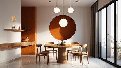 a modern interior dining area with a minimalist style. The layout features a round wooden dining table surrounded by matching wooden chairs, set against a white wall with a large circular cutout revea