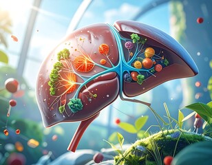 Healthy liver, vibrant food inside