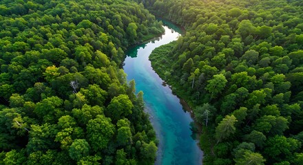 Aerial View of Forest Canopy with River Flowing
