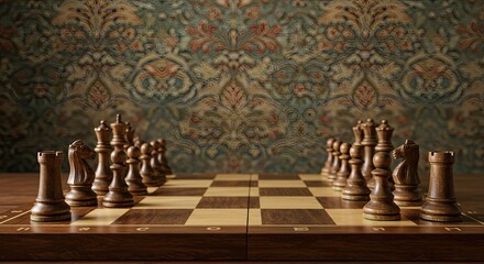 A wooden chessboard with dark pieces set up for a game, against a patterned background.