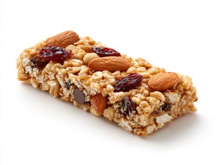 A close-up shot of a healthy granola bar, packed with nuts, dried fruits, and grains, offering a delicious and nutritious snack.