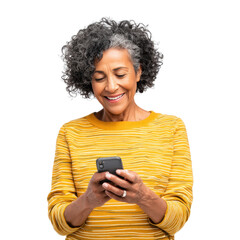 Smiling Sub-North African woman using smartphone on white background