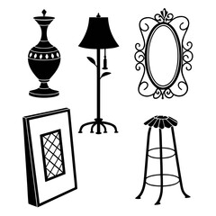 Assortment of antique decorative items and furniture silhouettes Keywords: vase, urn, amphora