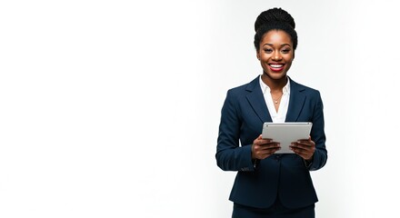 Smiling businesswoman in suit using tablet on white background.
