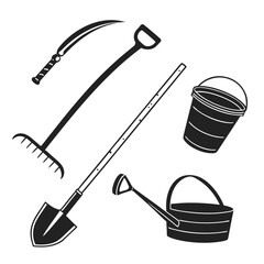 Assortment of Garden Tools and Watering Can shovel