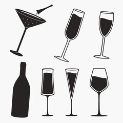 Assortment of Wine and Cocktail Glasses with Bottle