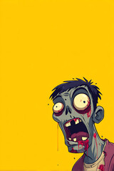 A cartoon zombie with exaggerated features and blood on a vibrant yellow background