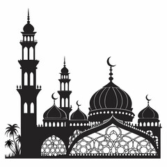 Black Silhouette of an Islamic Mosque with Domes and Minarets