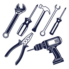 Collection of Hand Tools and Power Drill Silhouette
