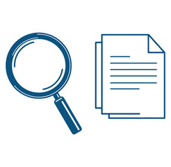 Magnifying glass icon examining paper documents representing research and analysis concepts