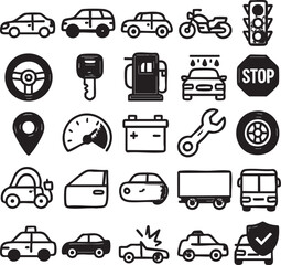 Hand Drawn Car and Transportation Icon Set.