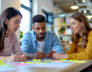 Diverse business team brainstorming around a table with sticky notes, bright modern office, collaborative atmosphere, natural daylight
