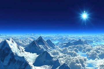 High-altitude view of snow-capped mountains, clouds, and a bright sun