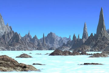 Vast, alien landscape of jagged peaks and a misty lake