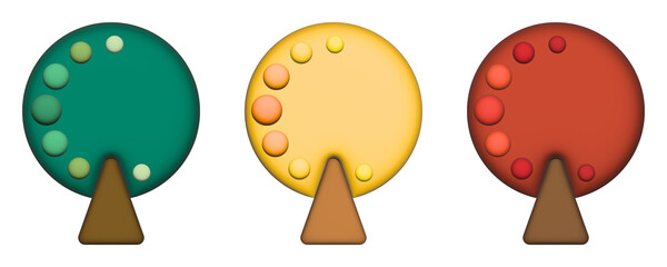 丸い緑の木　黄色に紅葉した木　赤く紅葉した木のイラスト　3d　png　秋の木　セット