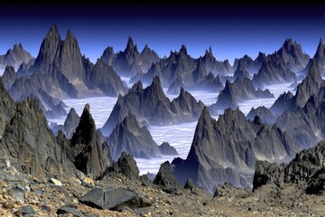 Vast, jagged peaks pierce a sea of clouds