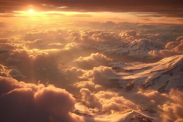 Golden sunset over snowy mountain peaks and clouds