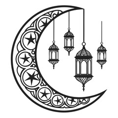 Large Islamic Crescent Moon with Four Hanging Lanterns