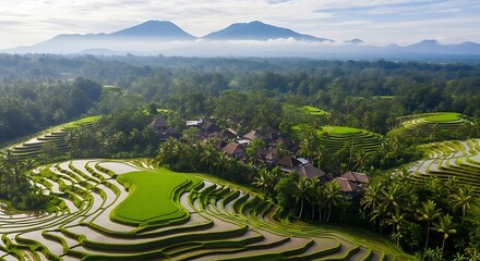 Drone Shot of Indonesian Rice Fields in Green Rural Landscape