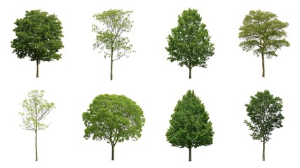 “Eight isolated trees in two rows on white background rounded, tall, sparse, conical, dense green foliage