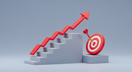 A 3D rendering of a red arrow climbing stairs towards a target, symbolizing success.