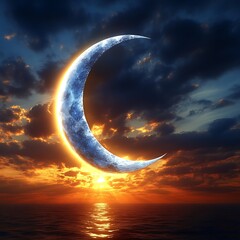 Crescent moon bathed in sunset glow over the ocean