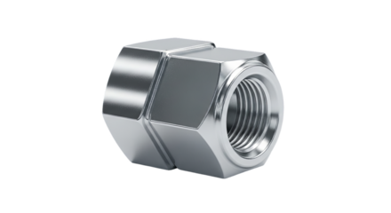 A close-up studio shot of a shiny chrome hexagonal nut with internal threads, isolated on a white background.